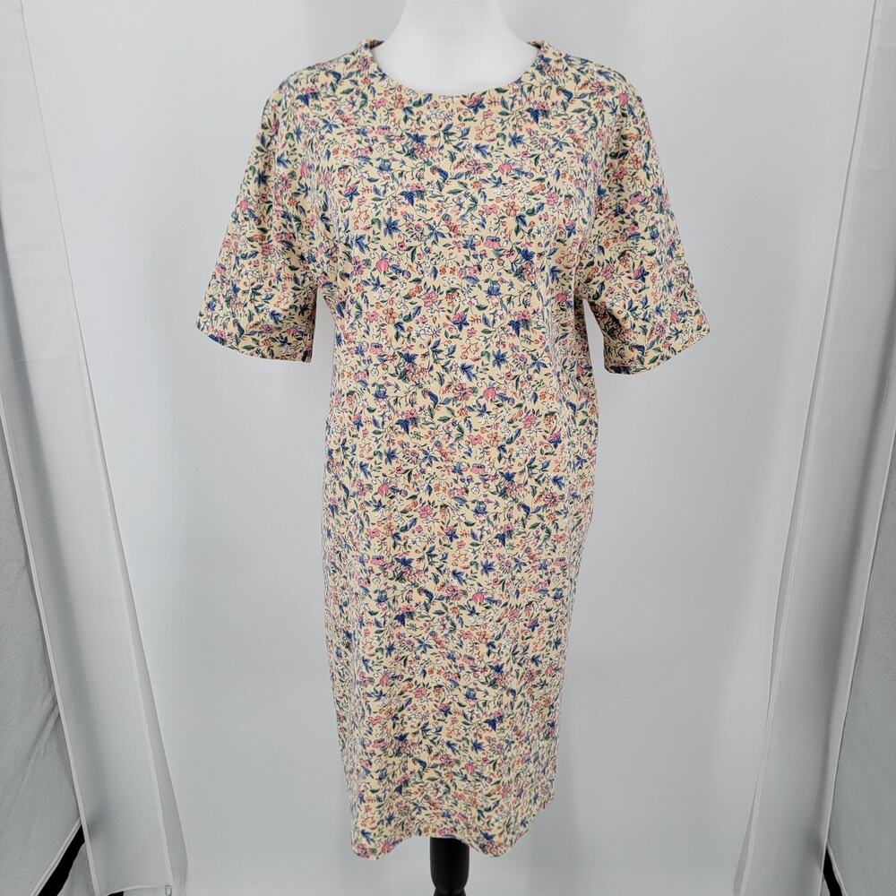 Lands End T Shirt Dress Womens M Yellow Floral Shift Midi Crew Neck Vintage